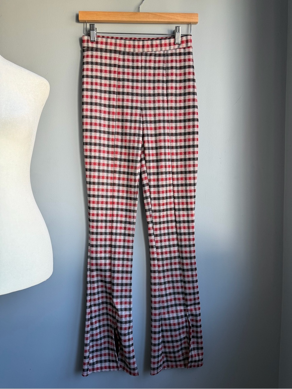 Red Plaid Stretch Flare Pants